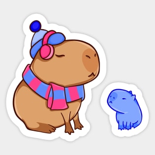 Capybara with a small snow capybara Sticker